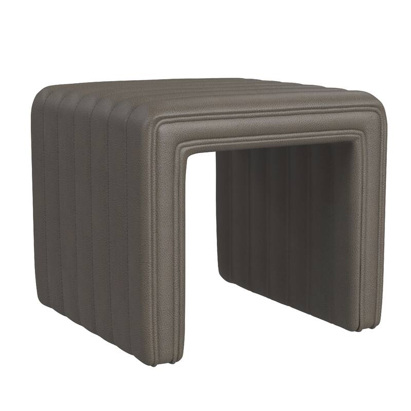 Ada Footstool Ottoman, Channel Tufted Gray Faux Leather, 19 Inch