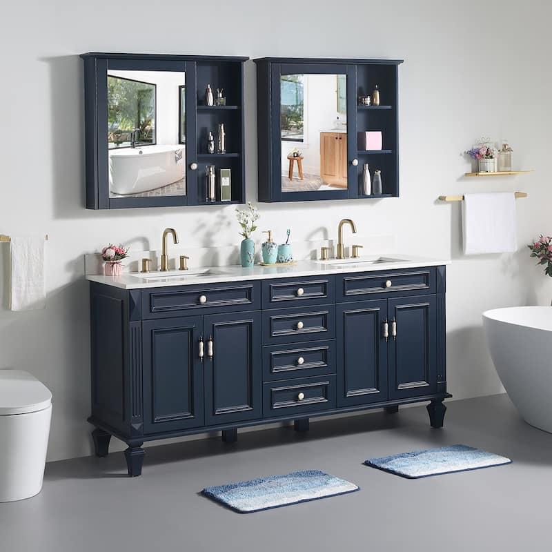 35'' H Solid Wood Bath Vanity with Stain-resistant Carrera White Quartz Top and Double Sink