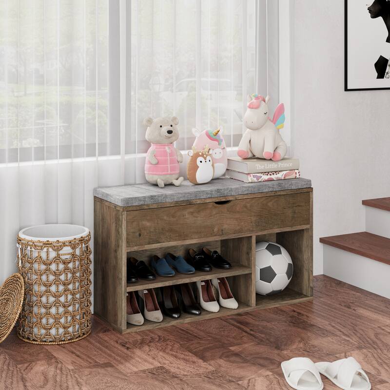 Shoe Storage Bench with a Cushioned Seat and 2 Tiers of Shelves