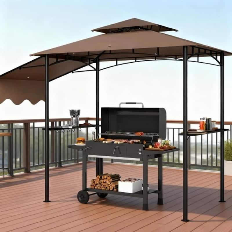GDFStudio Outdoor Vayla Metal BBQ Grill Gazebo with Adjustable Awning and Storage - Brown