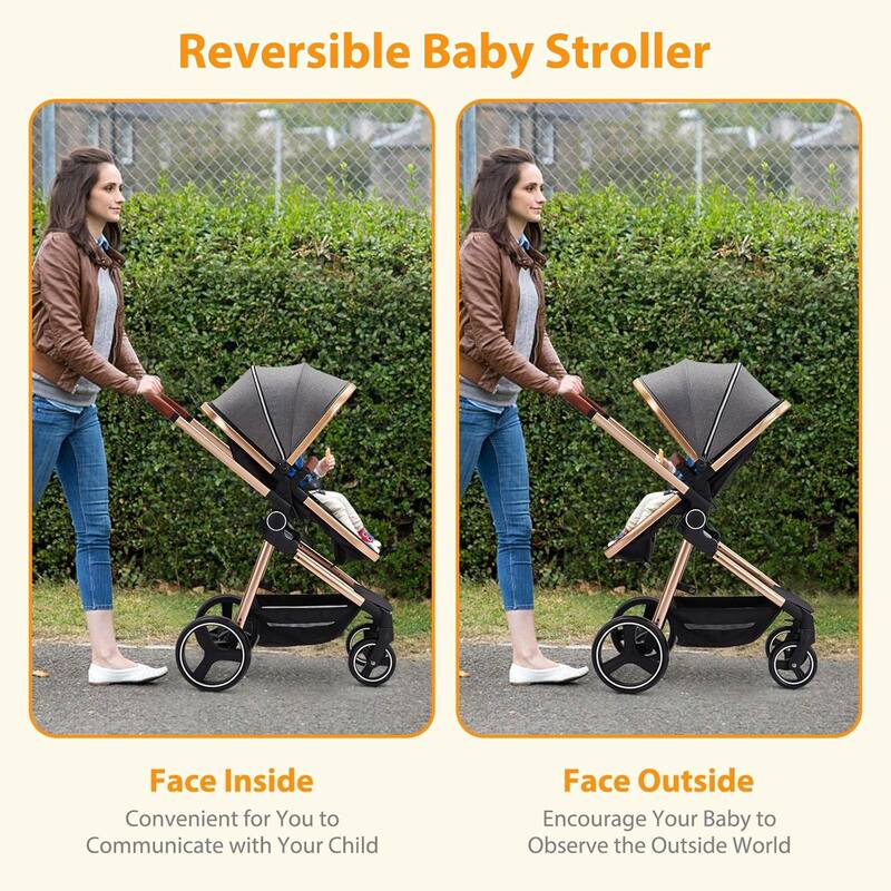 3-in-1 Reversible Baby Stroller with Adjustable Backrest and Canopy