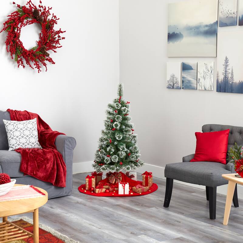 4’ Pre-Lit Frosted Swiss Pine with Berries Artificial Christmas Tree, Clear LED Lights - 4 Foot