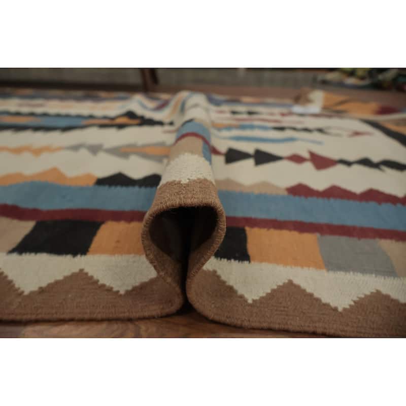 Hand Woven Oriental 100% Wool Carpet Southwestern Tribal Beige & Ivories Kilim Area Rug - 11' 10'' X 5' 2''
