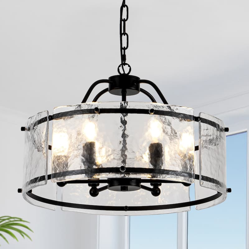 19.68-inch modern and stylish 6-light metal frame pendant lamp with rippled glass lampshade - Black