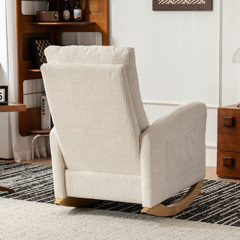 Comfortable Rocking Chair with Footrest and High Back, Made of Rubber Wood and Upholstered for a Cozy Sitting Experience.
