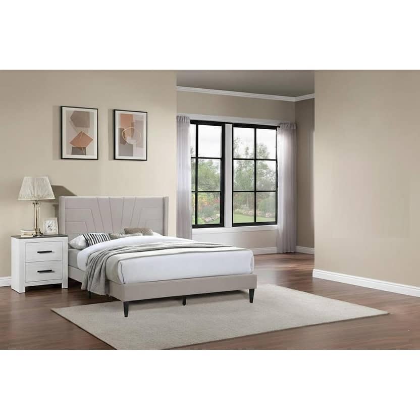 Modern Contemporary Style 3pc Bed 2x Nightstand Set Upholstered Bed Light Brown Finish Bedroom Furniture