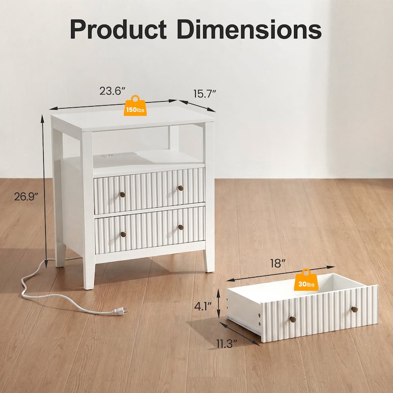 Fluted Nightstand with Charging Station