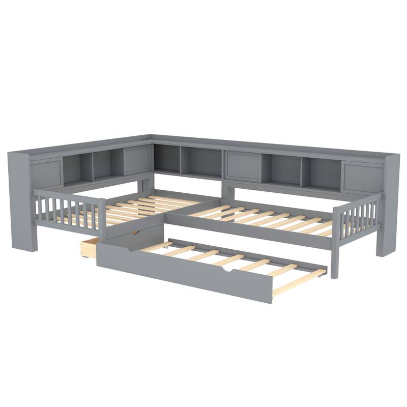 L Shaped Twin Platform Bed with Pull Out Trundle and Drawer, Solid Wood Twin Size Bed Frame with L Shaped Storage Bookcases