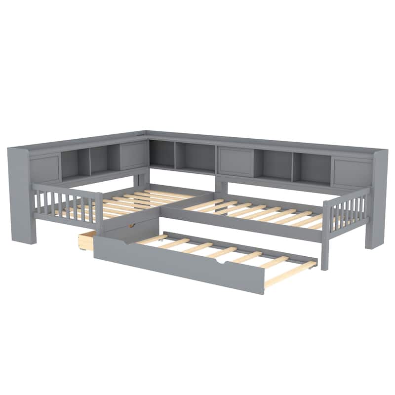 L-shaped Bunk Platform Bed Twin Size Solid Wood Storage Bedframe with Trundle, Drawer and Open Shelves for Boys, Girls, Kids
