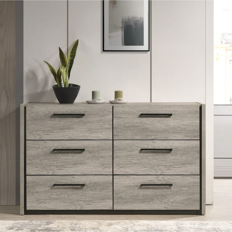 Roundhill Furniture Lenca LED Wallbed with Nightstands, Dresser, and Mirror - Weathered Gray