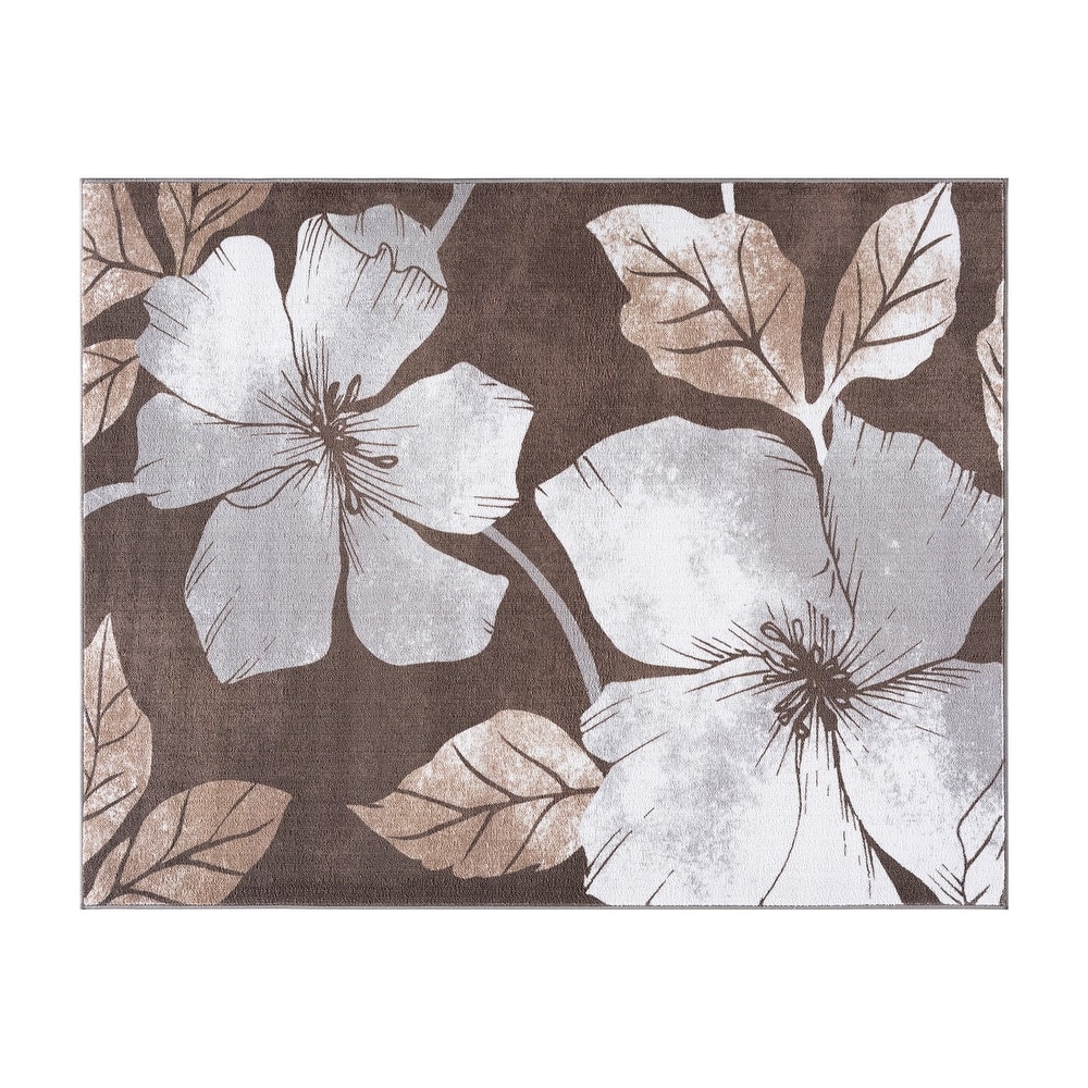 Bahamas Black White Floral Non-Slip Rubber Back Indoor Area Rug