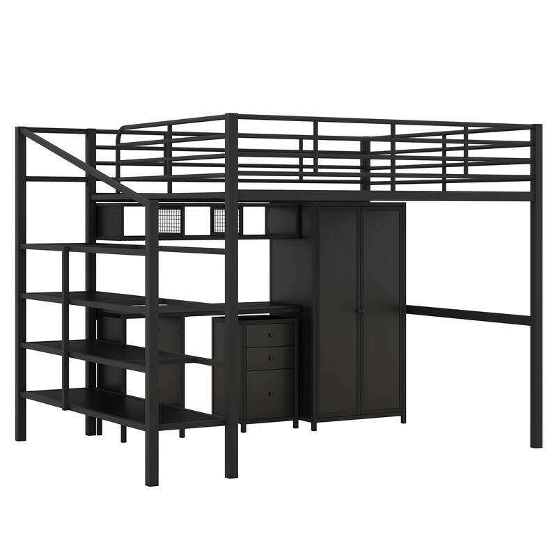 Black Metal Bed Frame, Full Size Loft Bed with Built-in Desk, Wardrobe and Storage Shelves for Children, Boys and Girls