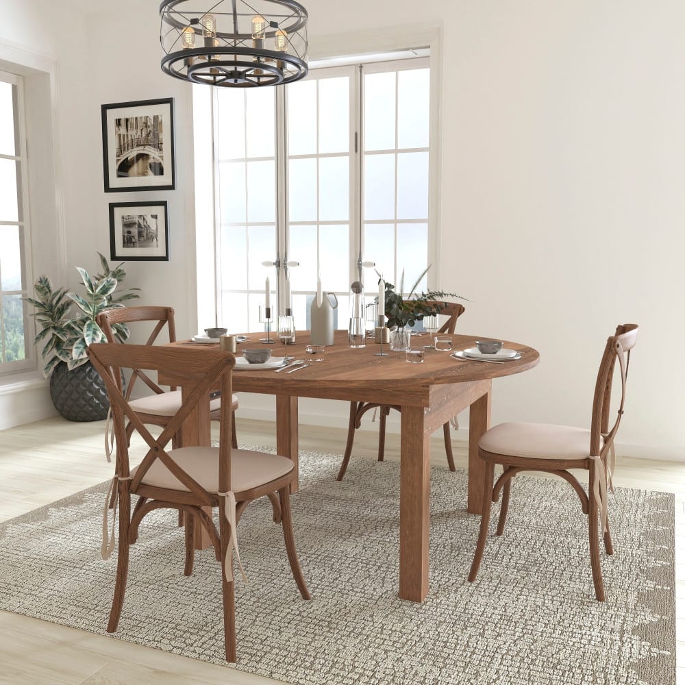 60" Round Solid Pine Folding Farm Dining Table Set with 4 Cross Back Chairs