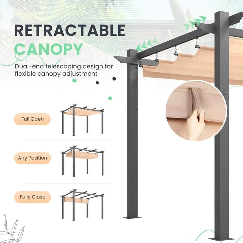 EROMMY 10' x 13' Outdoor Pergola with Retractable Canopy, Heavy-Duty Metal Frame and Adjustable Patio Shade Roof