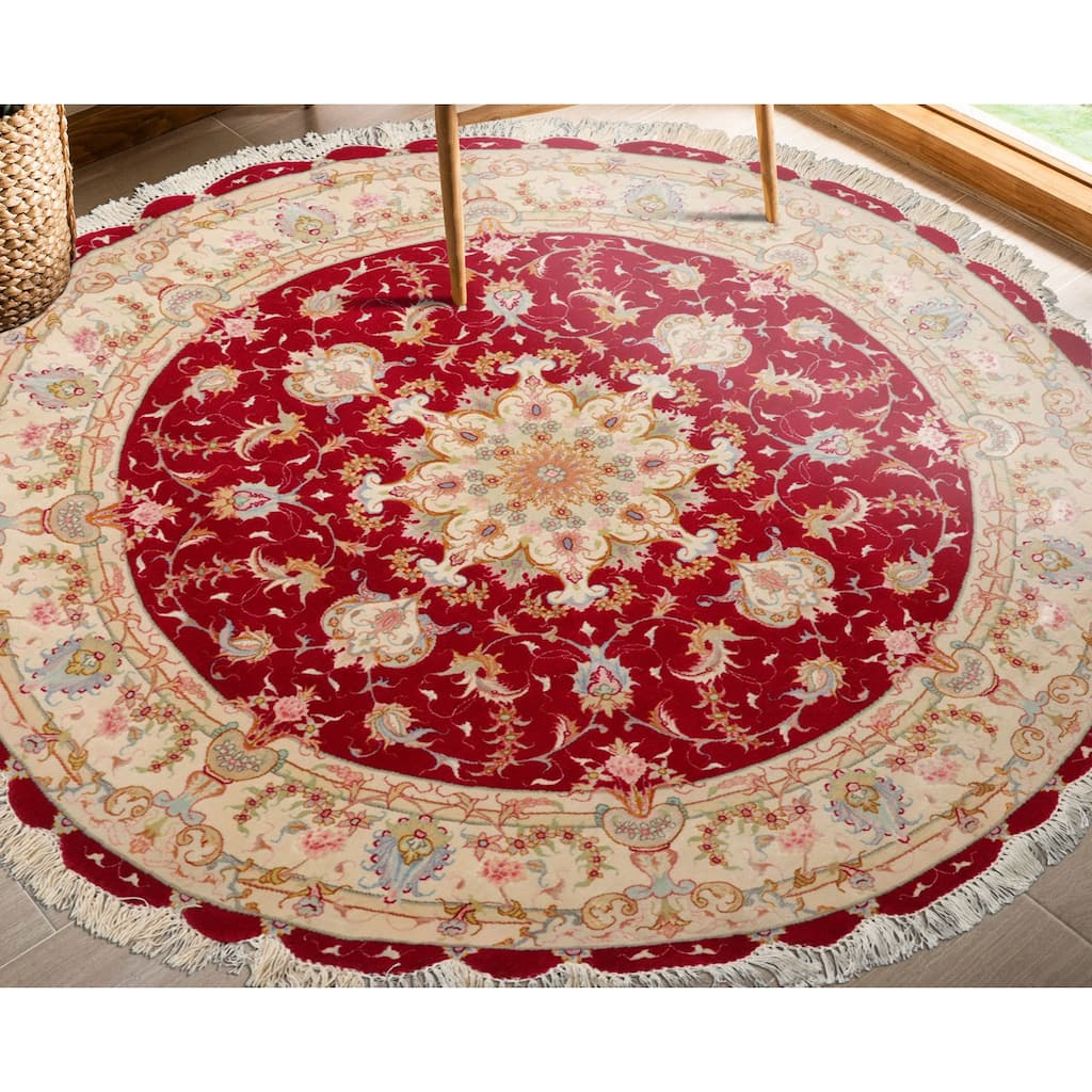 4'11''x4'11" Hand Knotted Medallion-Tabriz Round Red Wool Rug - 4' 11'' x 4' 11''-Round