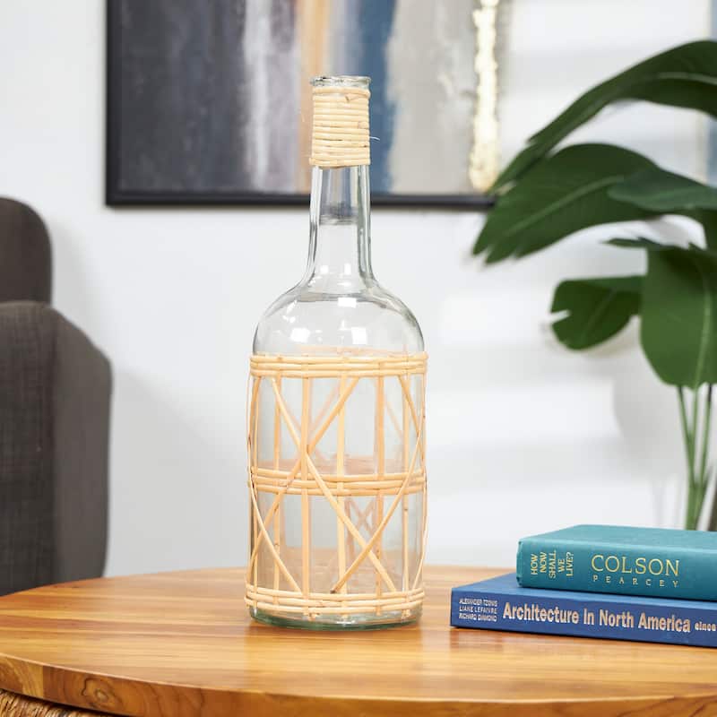 Clear Glass Handmade Tall Vase with Light Brown Rattan Woven Body and Neck - Clear - 6"W, 19"H