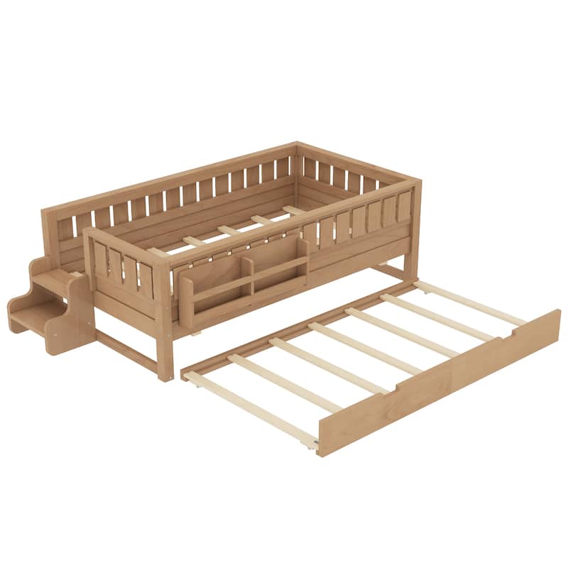 Roomfitters Floor Bed with Bookshelf and Trundle, Low Profile Frame with Step Entry