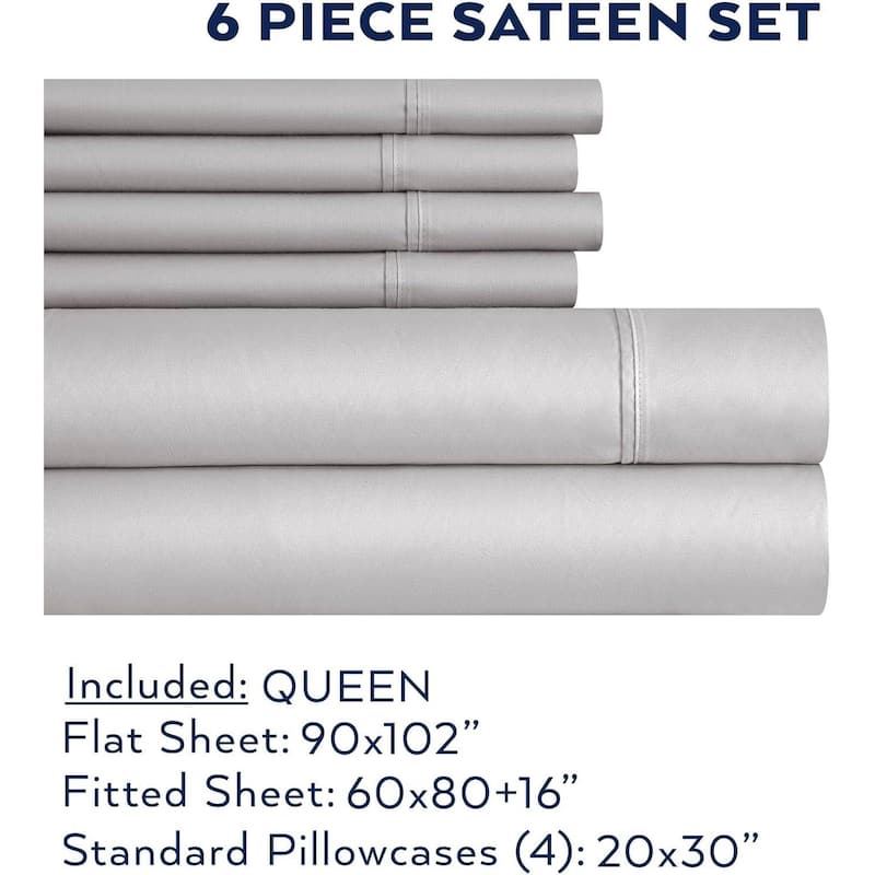 Thomasville 1500 Thread Count Light Grey 6 Piece Premium Cotton Rich Sateen Sheet Set - Queen