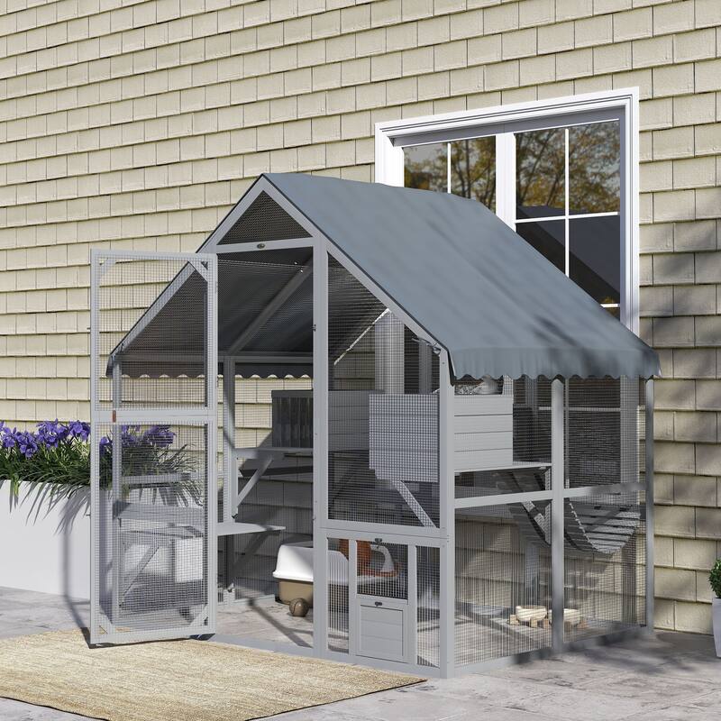 PawHut Large Catio Outdoor Cat Enclosure for Multiple Kittens, Wooden Cat House with Waterproof Cover, Gray