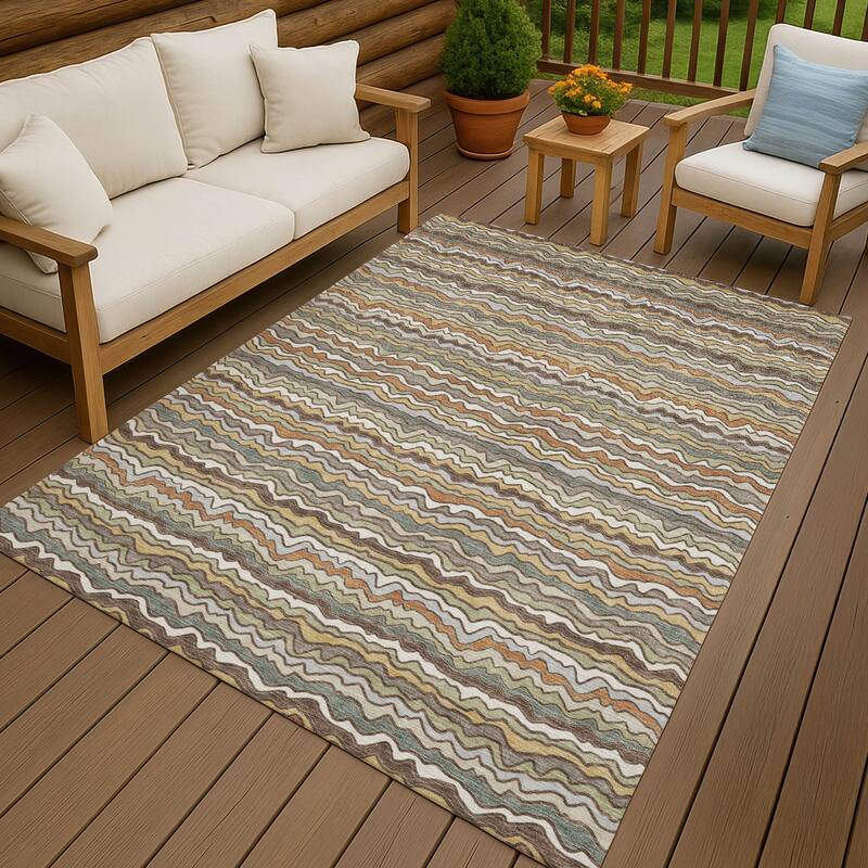 Machine Washable Indoor/ Outdoor Ziggy Stripe Chantille Rug - Taupe - 10' x 14'