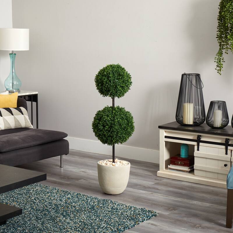 4ft Boxwood Double Ball Topiary Artificial Tree in Oval Planter with UV Resistant Greenery for Indoor or Outdoor Use