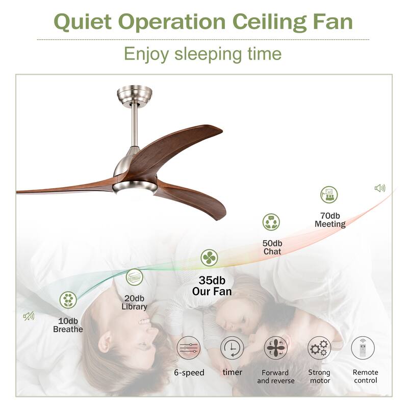 52" Solid Wood Blades Ceiling Fan With Light with Remote Control, Noiseless Reversible Motor, 6 Speed, 3 Color