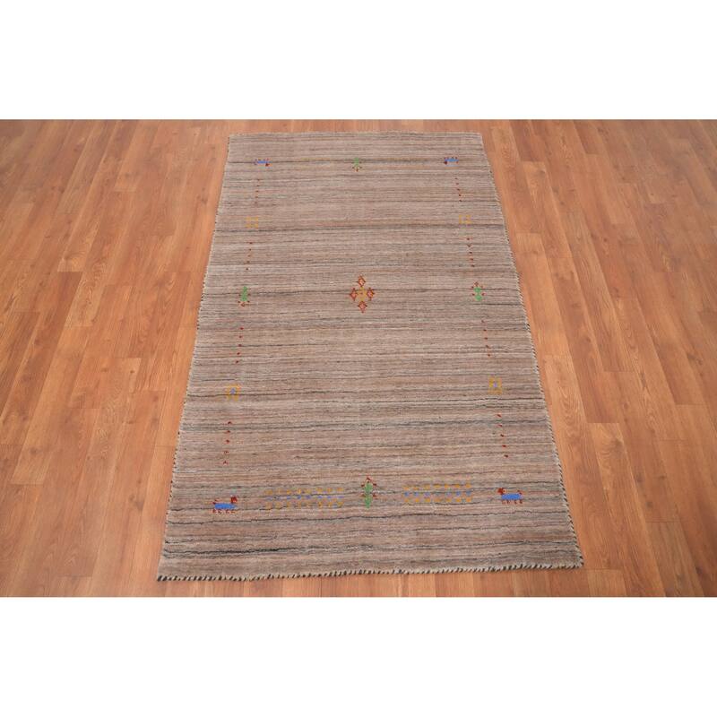 Hand Knotted Oriental 100% Wool Carpet Tribal Stripe Brown Gabbeh Area Rug - 4' 11'' X 3' 0''
