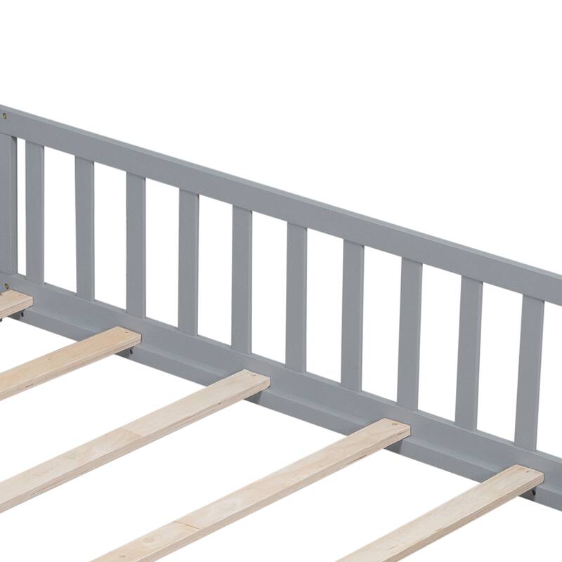 Full Size Montessori Floor Bed with Fence, Door & Support Slats - Safe Wooden Bed Frame for Toddlers & Kids