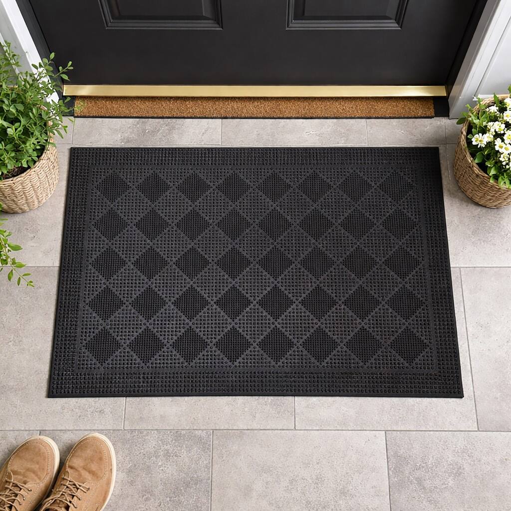 Outdoor Mat Drew Checkerboard Rubber Rug 24x16 Inch Black - 16 W x 24 L x 1/4 H