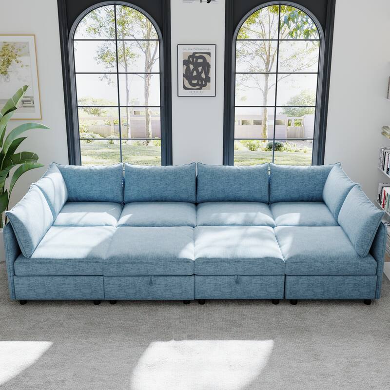 L Shaped Modular Sectional Sofa with Storage, Convertible 8 Seater Sofa with Chaise & Ottoman, Chenille Fabric Sleeper Sofa