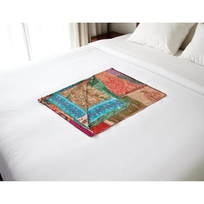 HomeRoots 50" X 70" Tan And Beige Patchwork Silk Quilted Kantha Throw Blanket with Embroidery