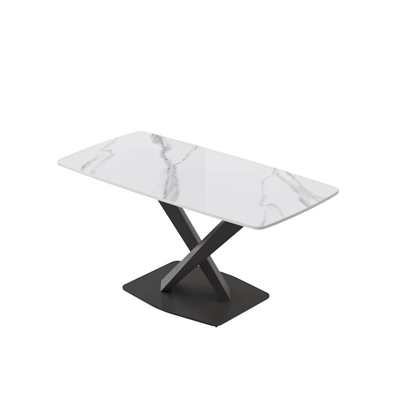 63" Dining Table Set for 6, Sintered Stone Dining Table with X-Shape Carbon Steel Pedestal for Kitchen Living Room
