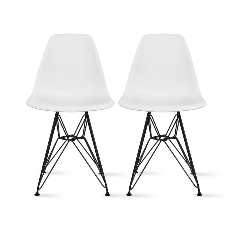 Set of 2 Mid-Century Modern Dining Side Chairs Armless Plastic Shell Seat with Black Metal Wire Eiffel Base, White