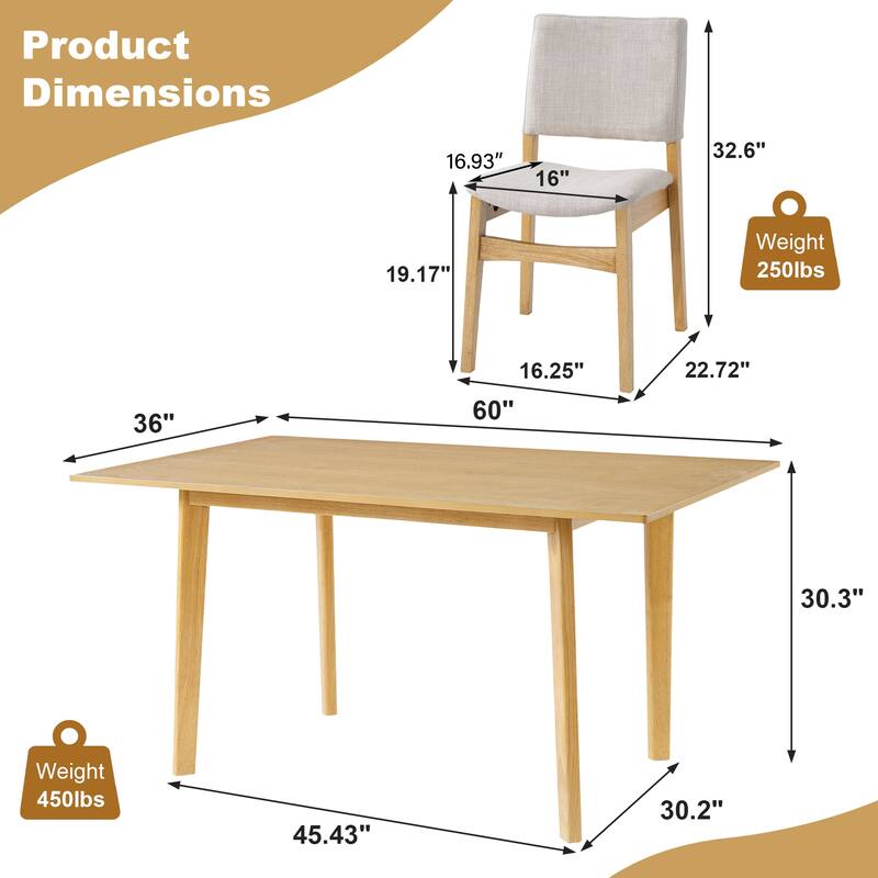 5 Piece Rectangular Dining Set with Wooden Table and Upholstered Linen Chairs