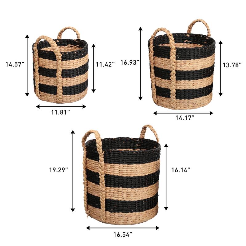 Willow Stripe Handwoven Water Hyacinth Nesting Storage Baskets with Handles(Set of 3)