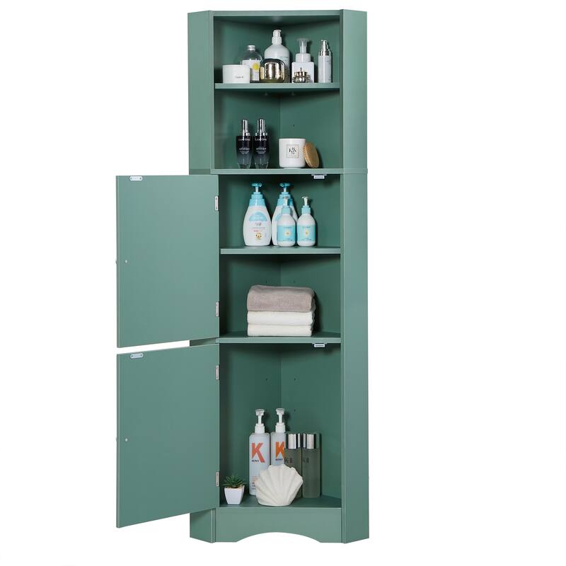 Tall Bathroom Corner Cabinet, Freestanding Storage Cabinet with Doors and Adjustable Shelves, MDF Board, Green