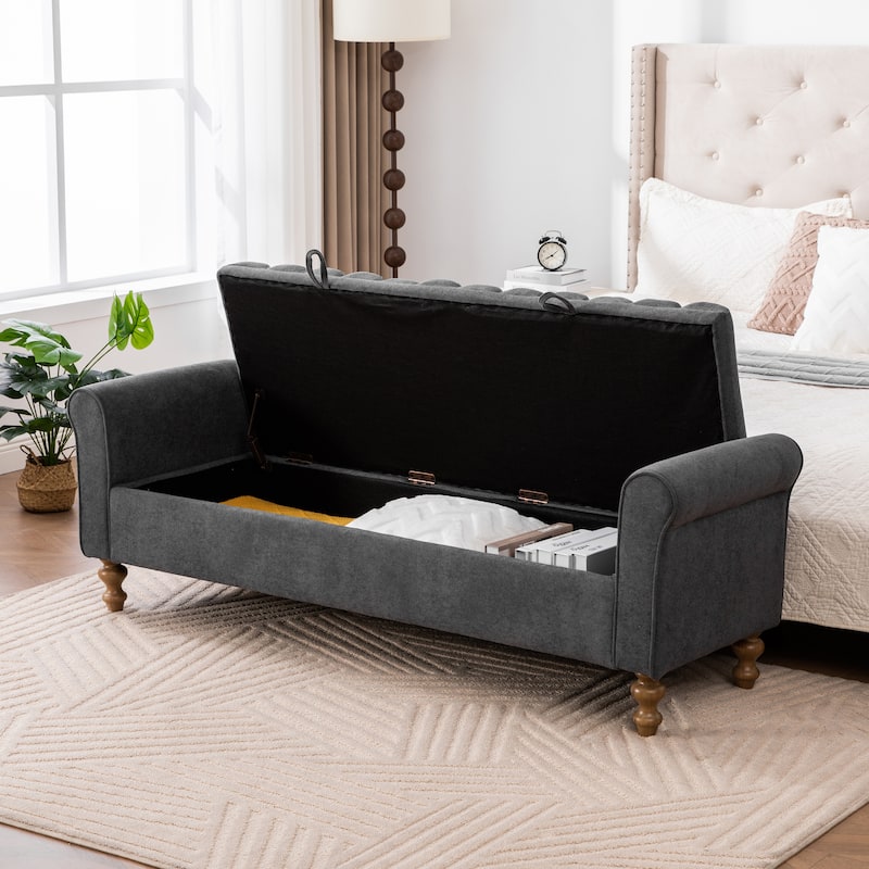 65.6"W Upholstered Storage Bench With Rolled Armrest, Rubberwood Legs