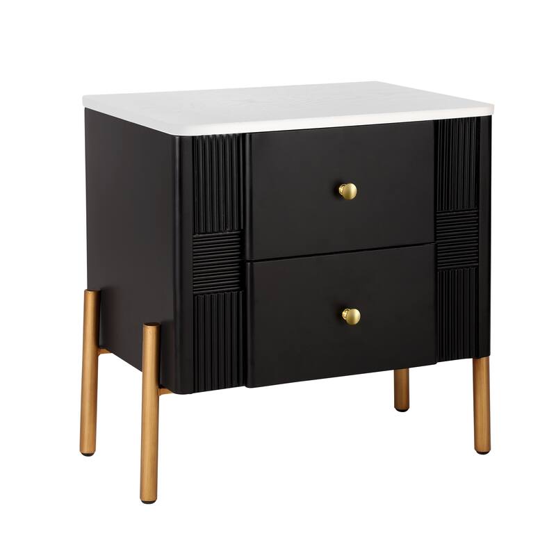 Contemporary Nightstand Featuring 2 Storage Drawers, Fluted Design with Gold-Tone Metal Handles and Legs, Versatile End Table