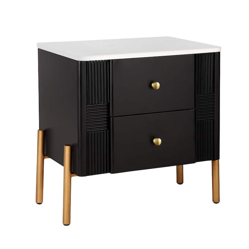 Modern Nightstand with 2 Storage Drawer, Fluted Bedside Table with Golden Metal Handles and Legs