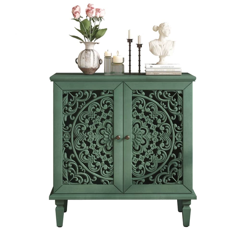 Vintage Hollow-Carved Accent Cabinet, 2-Door Display Storage Sideboard with Symmetrical Floral Design