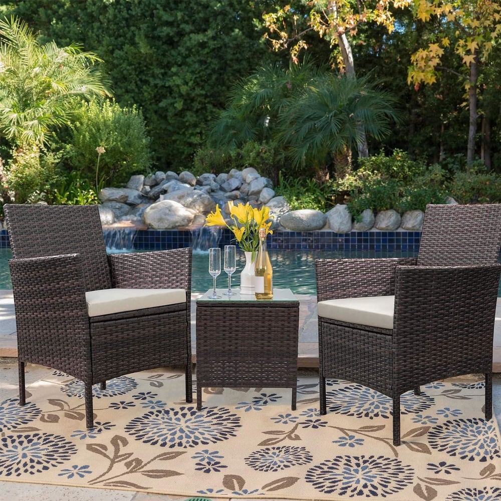 Homall 3 Pieces Patio Porch Furniture Sets PE Rattan Wicker Chairs with Table Outdoor Garden Furniture Sets