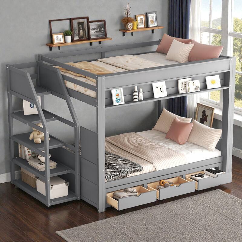 Full Size Convertible Bunk Bed with Storage Staircase, Daybed Pull-Out Design, Bedside Table, and 3 Drawers