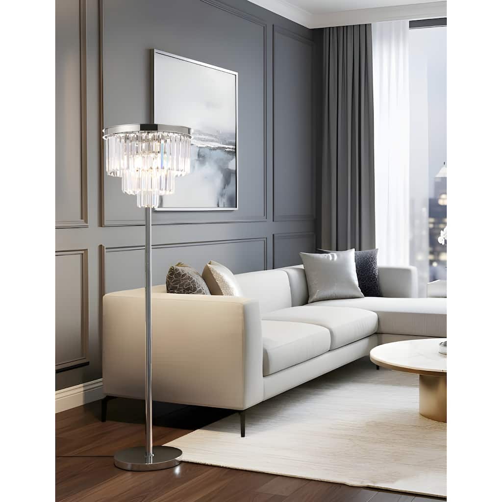 Modern Industrial Chandelier Floor Lamp with Crystal Fringe - Chrome