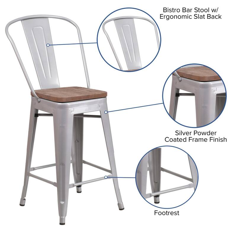 4 Pack 24" High Metal Counter Height Stool with Back and Wood Seat - 17.75"W x 20"D x 39.25"H