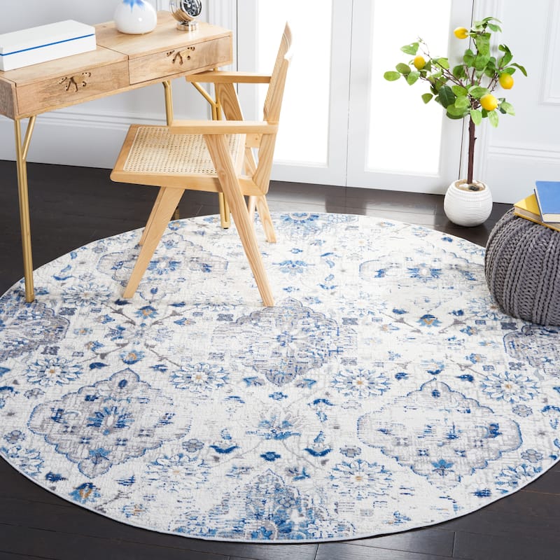 SAFAVIEH Shivan Henka Floral Rug - 6'7" x 6'7" Round - Ivory/Blue - Round