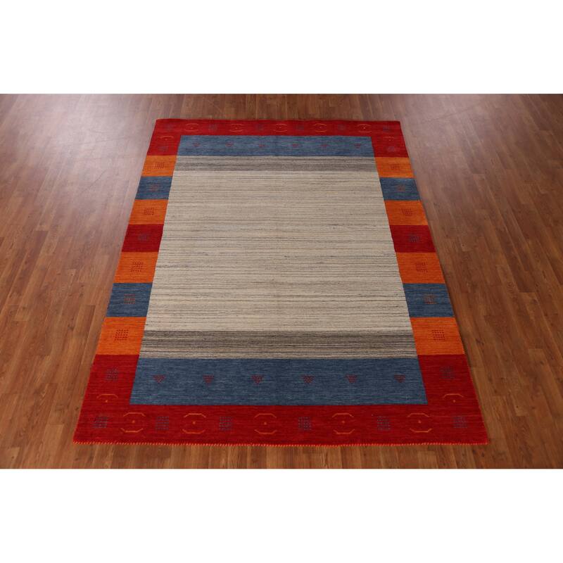 Beige Gabbeh Indian Area Rug Hand-Knotted Oriental Beige Wool Carpet - 6'1" x 7'11"