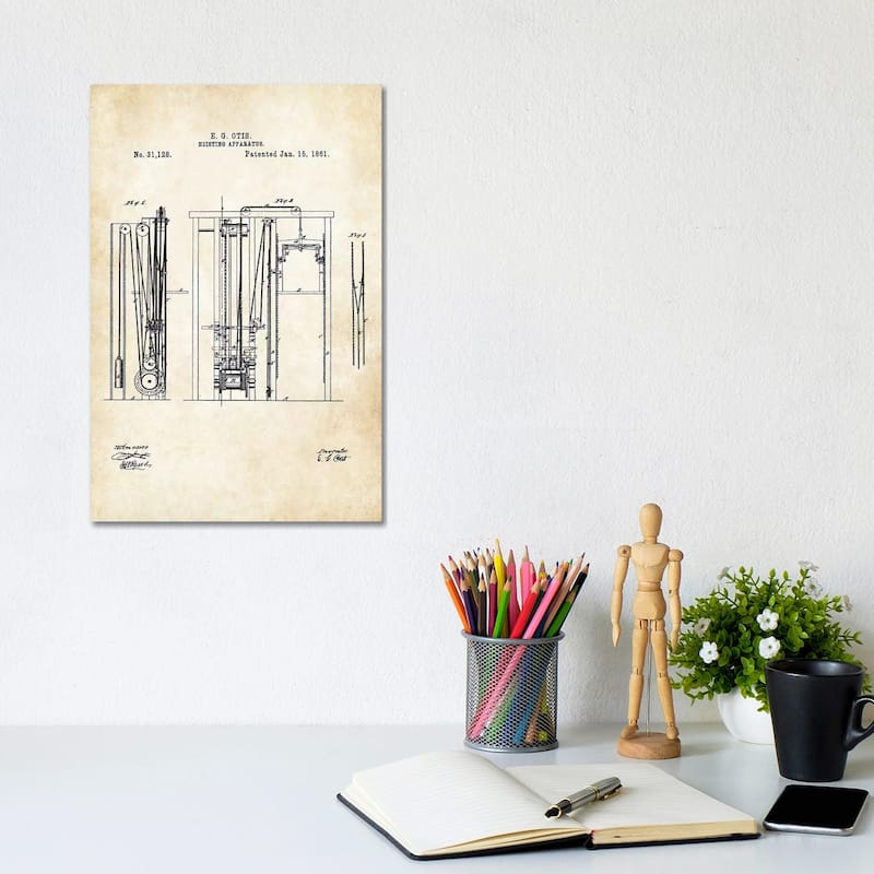 iCanvas "Otis Elevator (1861)" by Patent77 Canvas Print - 12x8x0.75