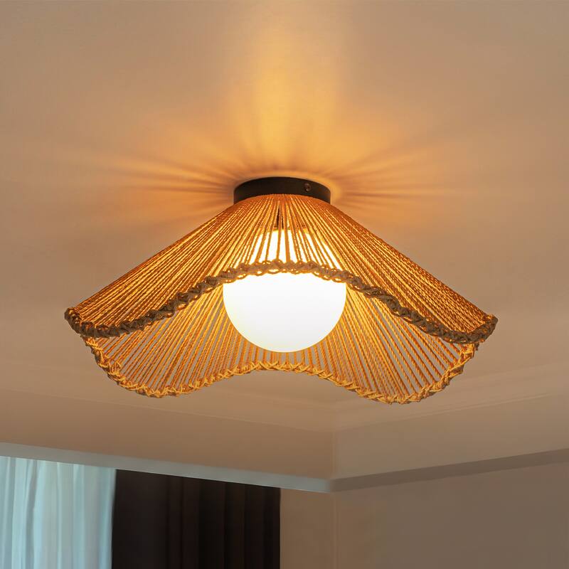 1-Light Boho Jute Rope Flush Mount Ceiling Light - Scalloped Natural Fiber Fixture for Bedroom - 1 Light