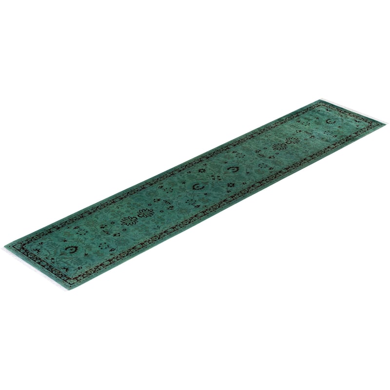 Overton Hand Knotted Wool Vintage Inspired Modern Contemporary Overdyed Green Runner Rug - 2' 6" x 12' 4"