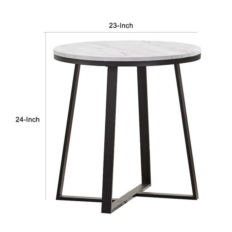 24 Inch End Table, White Faux Marble Round Top, Artisanal Metal Framework